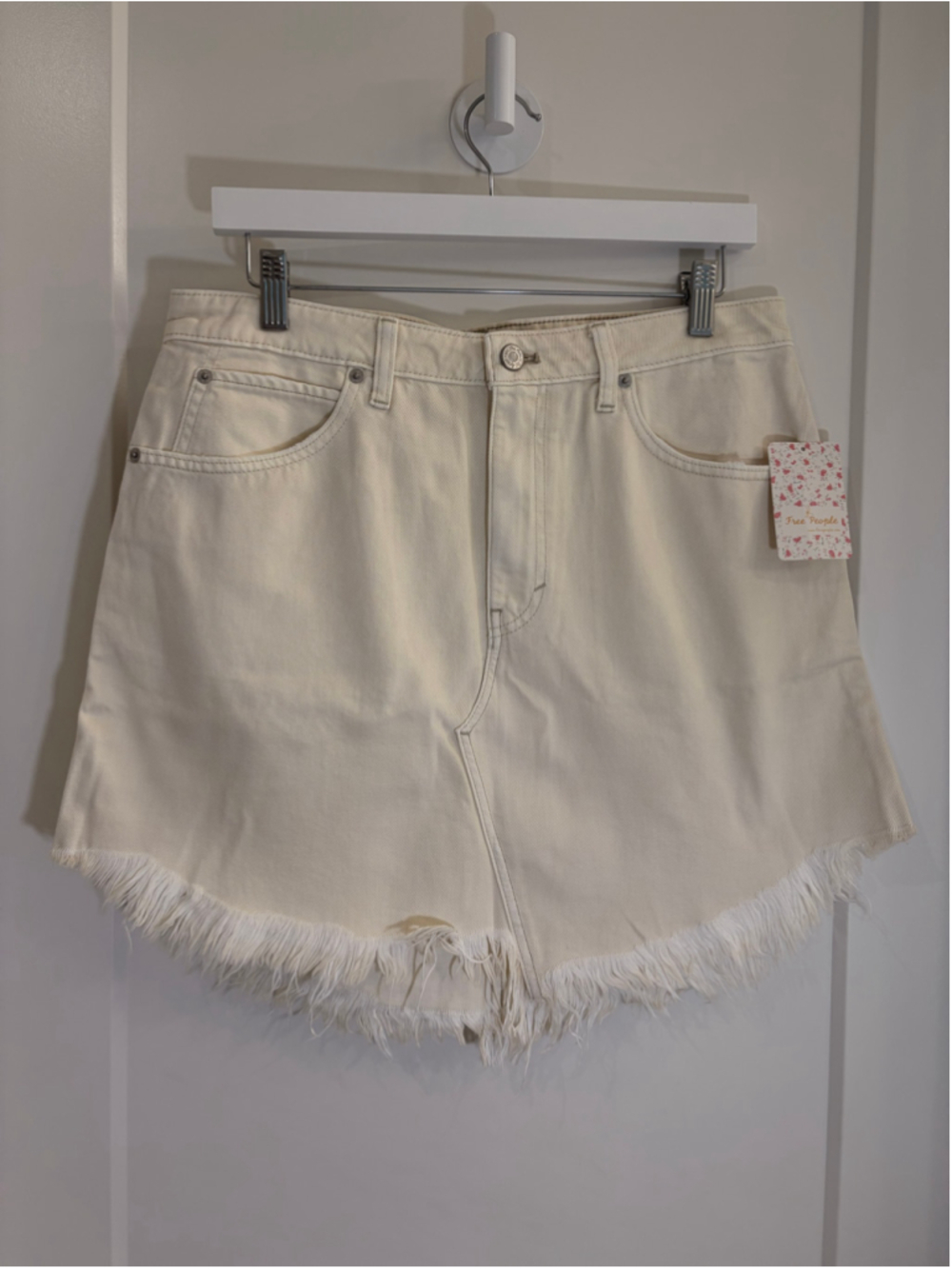 Free People We The Free Bailey Denim Fringe Mini Skirt Coconut Cream Size 31 NWT